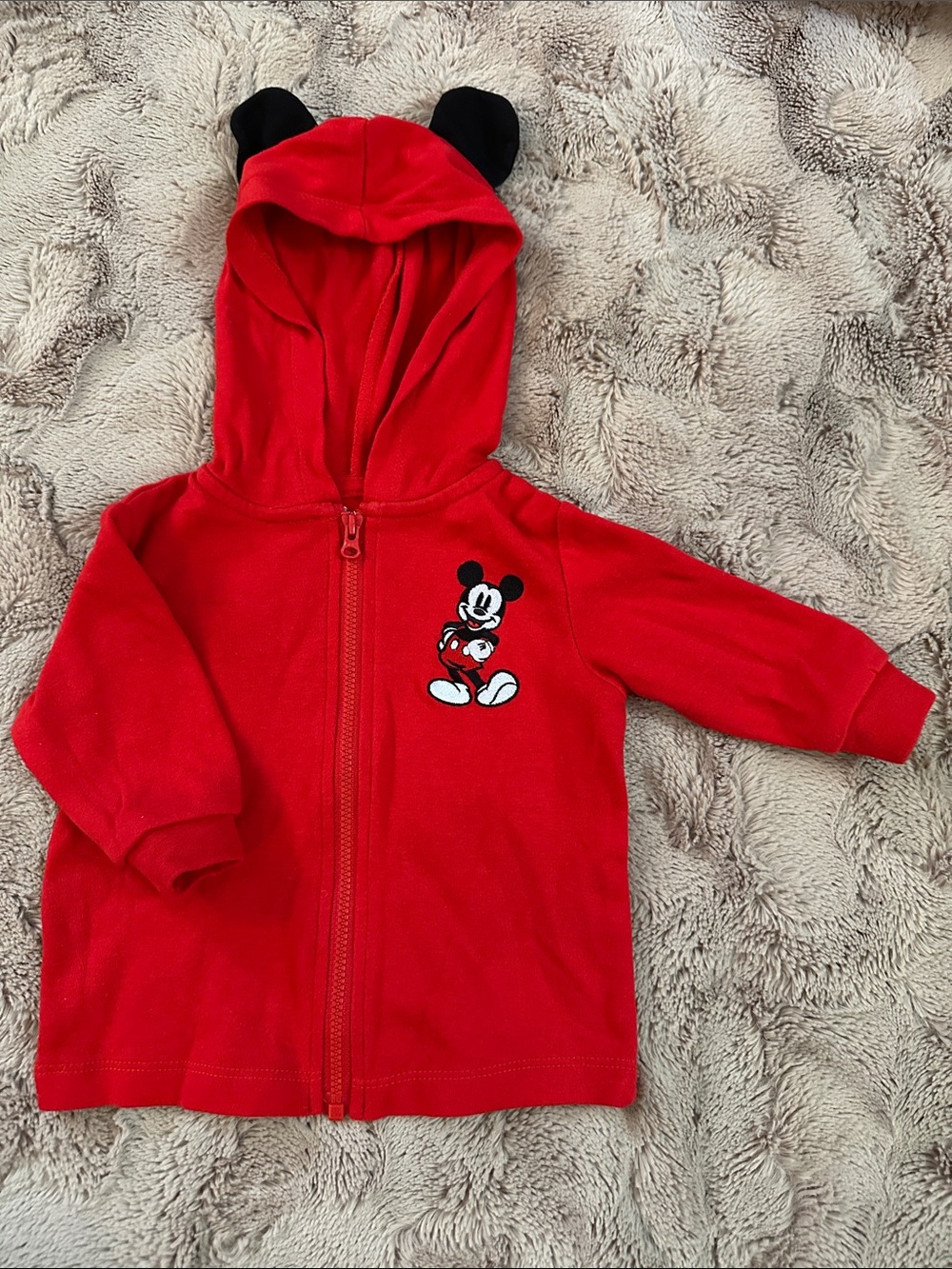 Disney Red Mickey Mouse Hooded Zip Jacket with Black Ear Accents, 3 months